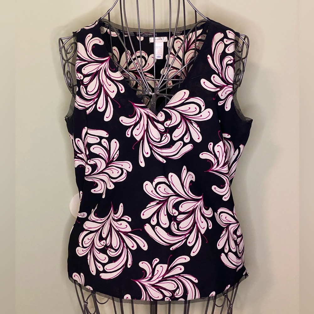 Black Print Sleeveless Blouse with Sheer Trim